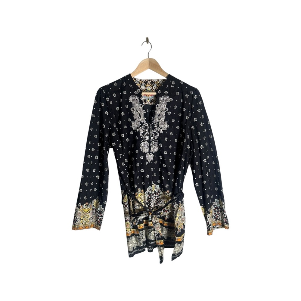 Robert Graham Paisley Carlisle Tunic Top Black White Tie Waist Floral Size XL - Picture 2 of 8
